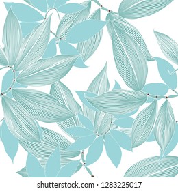 Seamless floral pattern with hand-drawn abstract tropical leaves.