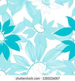 Seamless floral pattern with hand-drawn abstract tropical leaves.