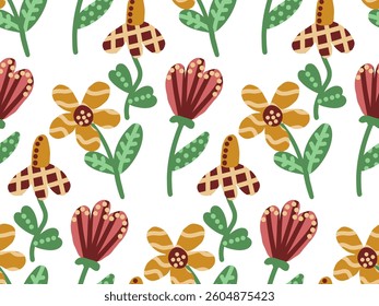 Seamless Floral Pattern with Hand-Drawn Abstract Flowers and Leaves in Warm Earthy Tones, Perfect for Textile Design, Wallpaper, Fabric, Wrapping Paper, and Decorative Backgrounds