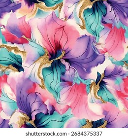Seamless floral pattern with hand-drawn abstract marbling and marble textures in pink, blue, purple, green, and gold. Includes tie-dye and luxurious marble-inspired elements