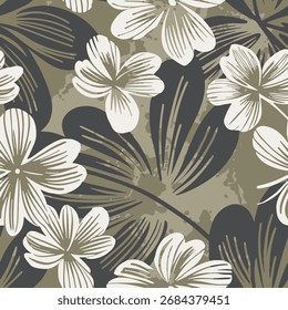 Patrón floral sin fisuras con flores abstractas dibujadas a mano y Elementos de fondo de hojas en tonos marrones y beige