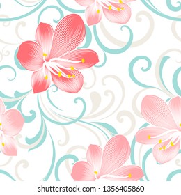 Seamless floral pattern with hand-drawn amaryllis flowers.