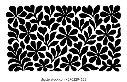 Seamless floral pattern with hand-drawn black silhouettes of abstract flowers and leaves. Vector illustration for folk decor, textile, branding, and DIY crafts.