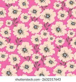 Seamless floral pattern with hand-drawn blooming flowers on soft pastel backgrounds. Perfect for textile design, wallpapers, gift wrap, scrapbook paper, and greeting cards. Elegant and feminine botani