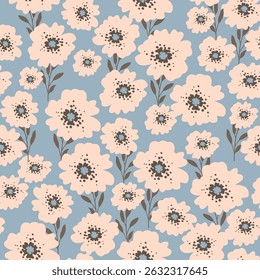 Padrão floral contínuo com flores desabrochando à mão desenhadas em fundos pastel macio. Perfeito para design têxtil, papéis de parede, papel de presente, papel scrapbook e cartões de felicitações. Botani elegante e feminino