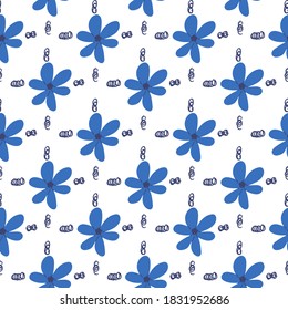 Seamless floral pattern with hand-drawn blue flowers vector illustration. Creative design, good for wrapping paper, wallpaper, cover, card, background, textile, fabric, stationary.