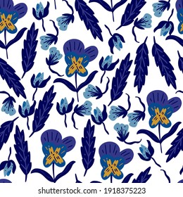 seamless floral pattern with hand-drawn blue pansy flowers, vector illustration. Good for botanical theme, wallpaper, cover, fabric, textile, card.