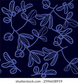 Seamless floral pattern with hand-drawn blue leaves on a dark background