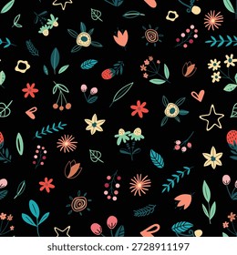Patrón floral sin fisuras con Elementos botánicos dibujados a mano, hojas, bayas, estrellas y corazones sobre un fondo negro. Colorido y caprichoso estilo doodle ilustración para textiles, Fondo de pantalla, scrapbooking, y diseño de la tela.