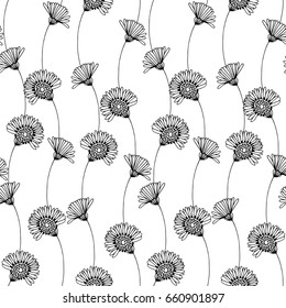 Seamless floral pattern with hand-drawn chamomiles on a white background.