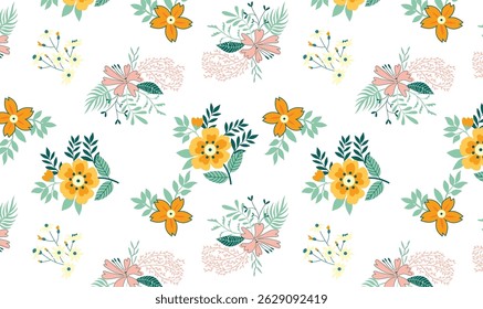 Seamless Floral Pattern with Hand-Drawn Colorful Flowers and Leaves