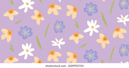 Seamless floral pattern with hand-drawn daffodils, daisies, blue wildflowers and green leaves. Vector flat illustration for textile, wrapping paper, spring promo and social media design.