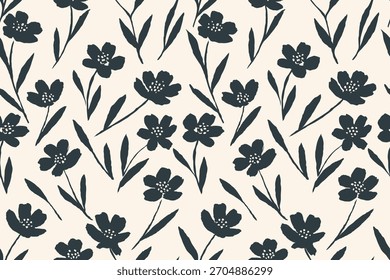 Seamless floral pattern with hand-drawn dark navy flowers and leaves on a soft cream background, elegant botanical repeat design perfect for fabric, wallpaper and surface prints.