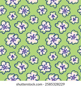 Seamless floral pattern with hand-drawn doodle-style flowers in soft pink and white, outlined in deep blue, on a fresh green background. Playful and organic.