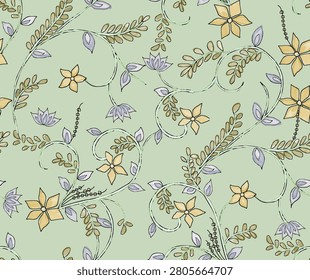 Seamless floral pattern with hand-drawn elegant swirls, delicate blossoms, and leaves on a soft pastel green background.