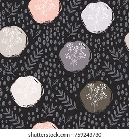 Seamless floral pattern with hand-drawn elements on black background. Vector illustration.