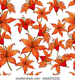 Seamless floral pattern with hand-drawn fire lilies. Endless texture for your design, romantic greeting cards, advertising, fabrics.