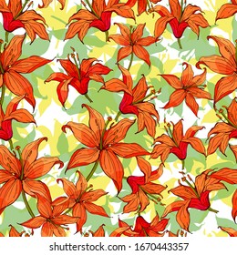 Seamless floral pattern with hand-drawn fire lilies. Endless texture for your design, romantic greeting cards, advertising, fabrics.