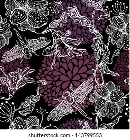 Seamless Floral Pattern With hand-drawn flowers and dragonflies