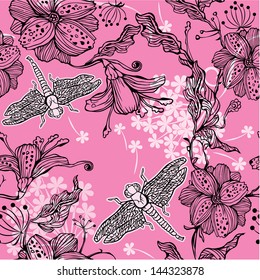 Seamless Floral Pattern With hand-drawn flowers and dragonflies