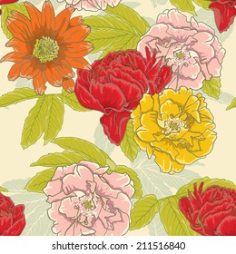 Seamless Floral Pattern With hand-drawn Flowers. 