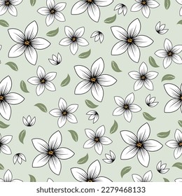  Patrón floral sin foco. Patrón de flores dibujadas a mano sobre fondo verde claro 