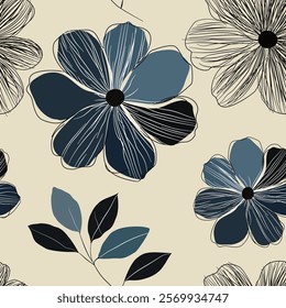 Seamless floral pattern with hand-drawn flowers and leaves in blue and black tones, perfect for textile design, wallpapers, fashion prints, and decorative backgrounds.