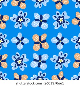 Seamless floral pattern with hand-drawn flowers. Perfect for fabric prints, wallpapers, for fashion and home decor applications. Vector seamles pattern with cute flowers in hand drawn flat style.