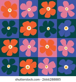 Patrón floral sin fisuras con flores dibujadas a mano en una rejilla a cuadros. Textura Abstractas con flores atrevidas en cuadrados coloridos.