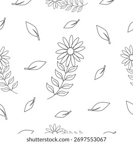 Seamless floral pattern with hand-drawn flowers and leaves in minimal line art style. Elegant black and white botanical design perfect for backgrounds, wallpapers, or fabric prints.