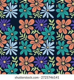 Patrón floral sin fisuras con flores y hojas dibujadas a mano en un estilo decorativo juguetón y moderno, perfecto para telas, Fondos de pantalla y fondos digitales.