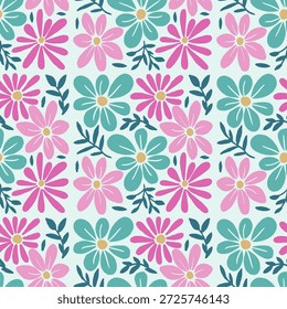 Nahtloses Blumenmuster mit handgezeichneten Blumen und Blättern in einem verspielten, modernen dekorativen Stil, perfekt für Stoff, Tapeten und digitale Hintergründe.
