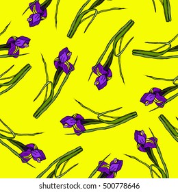 Seamless floral pattern with hand-drawn iris