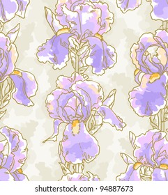 Seamless floral pattern with hand-drawn iris