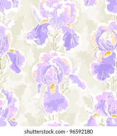Seamless floral pattern with hand-drawn iris in batik style