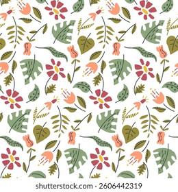 Seamless floral pattern with hand-drawn leaves and flowers in earthy green, red, and peach tones, ideal for fabric, wallpaper, stationery, and botanical-themed designs.