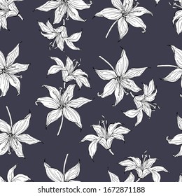 Seamless floral pattern with hand-drawn lilies, monochrome. Endless texture for your design, romantic greeting cards, advertising, fabrics.