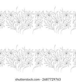 Seamless floral pattern with hand-drawn lilies in elegant line art. Perfect for fabric, wallpaper, wrapping paper, and bohemian 