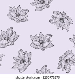 Seamless floral pattern. Hand-drawn lotus flowers isolated on light background. Flower design for web, wrapping paper, fabric, textile, cover.