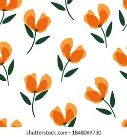 Patrón floral sin brillo con ilustración vectorial de flores anaranjadas dibujadas a mano. Es bueno para papel pintado, tarjeta, textil, tela, papel, ropa.