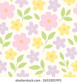 Seamless floral pattern with hand-drawn pastel daisies in pink, yellow, and lavender, paired with green leaves on a warm cream background.
