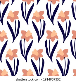 patrón floral sin fisuras con ilustración vectorial de flores daffodil rosadas dibujadas a mano. Es bueno para la tarjeta, tela, textil, papel pintado, estacionario.