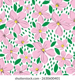 Padrão floral contínuo com flores rosa desenhadas à mão e folhas verdes em um fundo branco. Perfeito para design têxtil, papel de embrulho, papel de parede e projetos com tema de primavera.