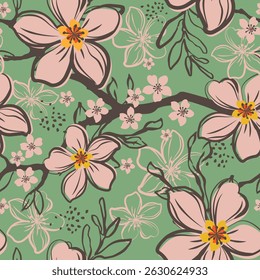 Nahtloses Blumenmuster mit handgezeichneten rosa Blumen und grünen Blättern auf weißem Hintergrund. Perfekt für Textildesign, Packpapier, Tapeten und Projekte zum Thema Frühling.