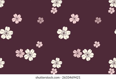 Seamless floral pattern with hand-drawn pink and beige flowers on a plum background. Elegant vector design for fabric, wallpaper, packaging, scrapbooking, and seasonal stationery projects.