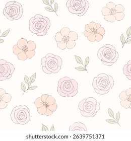 Seamless floral pattern with hand-drawn pink roses and peach camellias on a soft off-white background. Elegant and feminine design.