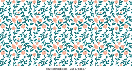 Padrão floral sem costura com flores rosa desenhadas à mão e folhas verdes. Perfeito para tecidos, papel de parede e projetos de papel de embalagem. Fundo botânico elegante para projetos de primavera e verão.