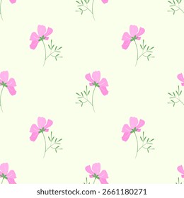 Patrón floral sin fisuras con flores silvestres rosadas dibujadas a mano y hojas verdes sobre un fondo crema claro. Elegante diseño de superficie botánica para embalaje ecológico, tela y papelería.