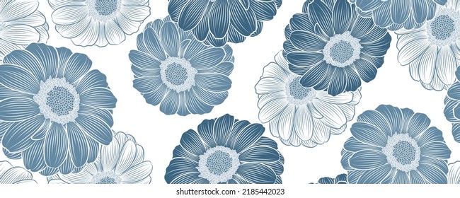 Seamless floral pattern with hand-drawn purple abstract gerbera flowers.