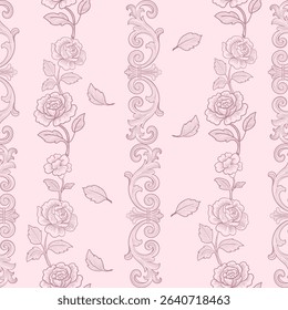 Seamless floral pattern with hand-drawn roses, leaves, and vintage scroll ornaments in soft pink tones. elegant engraving style design perfect for wallpaper, textile prints, wrapping paper, romantic
